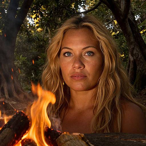 Photograph of a blonde woman with blue eyes, wavy hair, and sun-kissed skin, gazing intently at a campfire in