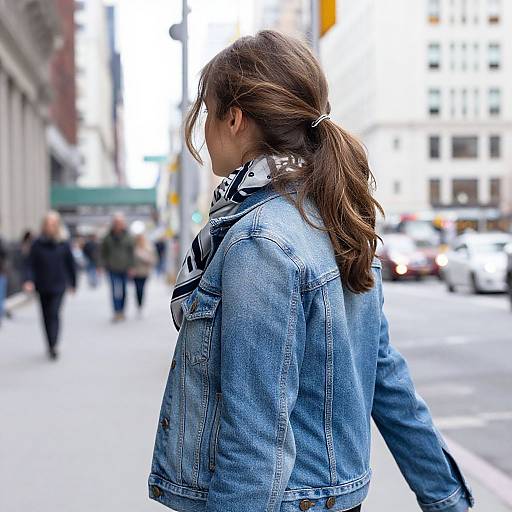 Photograph of a woman with brown hair in a ponytail, wearing a blue denim jacket, walking on a busy urban street. Blurred background of