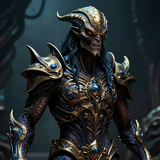 Digital art of a dark, horned, demonic warrior with glowing blue and gold armor, red eyes, and a sinister grin, set in a dark