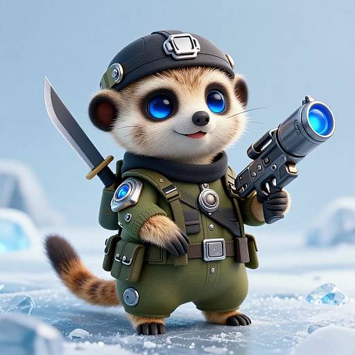 Cute CGI meerkat in green tactical gear, black helmet, holding laser gun and knife, standing on snowy ground, blue background.