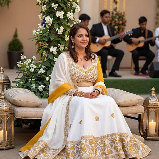 Photograph of a smiling Indian woman in a white and gold traditional wedding dress, seated on a cream bench with lanterns, surrounded by white flowers,