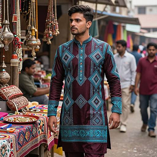 Photograph of a young South Asian man with dark hair and beard, wearing a blue and black embroidered traditional kurta, standing in a vibrant, bustling
