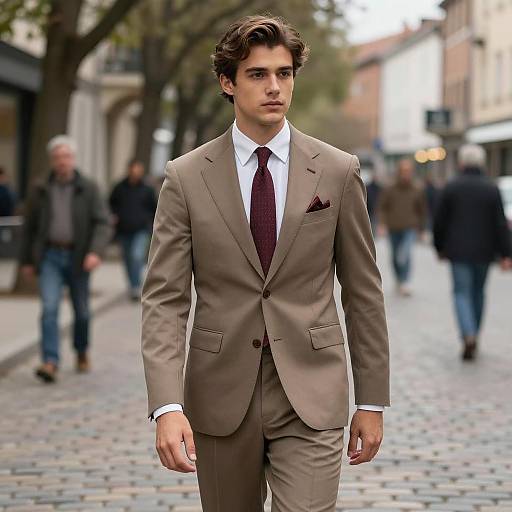 Handsome Man in Light Brown Suit on City Street