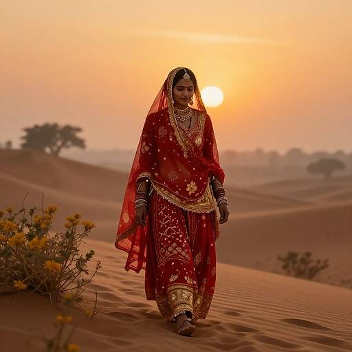 Photograph of a South Asian woman in a red traditional saree with gold embroidery, walking in a desert at sunset.