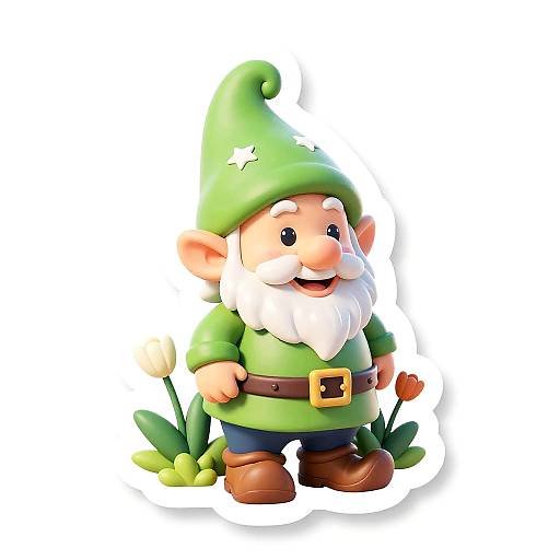 Cartoon-style gnomes figurine: chubby, smiling, with green hat, white beard, green shirt, brown belt, brown boots, holding