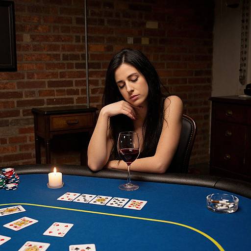 Photograph of a pensive woman with long black hair, wearing a black sleeveless top, at a poker table with lit candle, wine glass,
