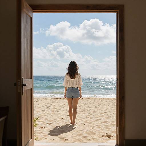 Photograph of a woman with long dark hair, wearing a white blouse and blue denim shorts, standing on a sunlit beach viewed through an open wooden