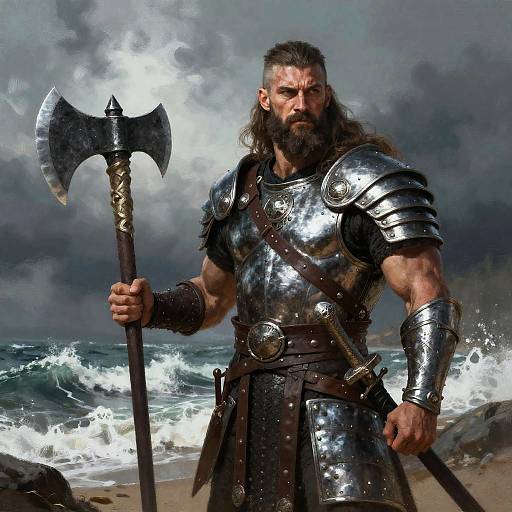 Viking warrior with long beard, armored chest and arms, holding axe, stands on stormy beach with crashing waves. Digital art.