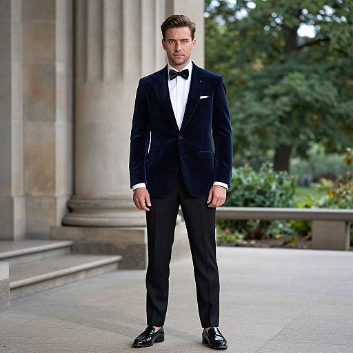 Photograph of a handsome, fair-skinned man with short brown hair in a black tuxedo, white shirt, black bow tie, and polished