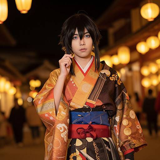 Photograph of an Asian woman in a colorful, floral-patterned kimono with a red obi, black hair, and golden lanterns in the