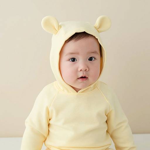 Photograph of a chubby, fair-skinned baby with round blue eyes, wearing a yellow bear-eared hooded onesie, against a plain white