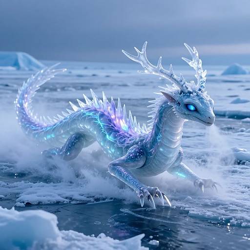 Digital artwork of a glowing, blue, ice dragon with ethereal antlers and luminescent scales running through a snowy, icy landscape.