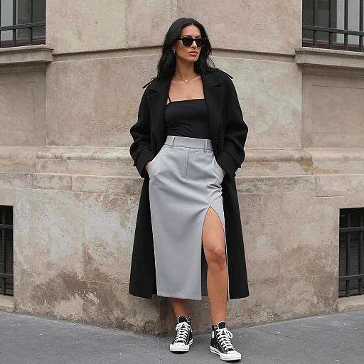 Woman in Black Coat and Grey Skirt on Urban Street