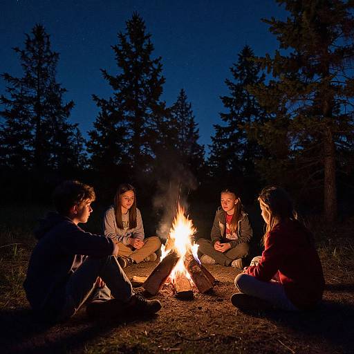 Photograph of four friends sitting around a campfire at night, surrounded by dark trees, wearing casual clothes, smiling, and enjoying the warm glow.