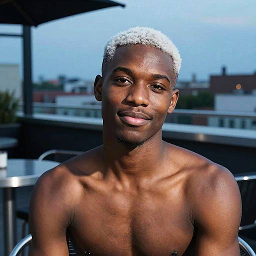 Photograph of a shirtless, athletic, young Black man with short, curly, bleached blonde hair and a subtle smile, standing on a rooftop