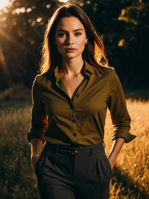 Woman in Olive Green Shirt and Charcoal Grey Trousers