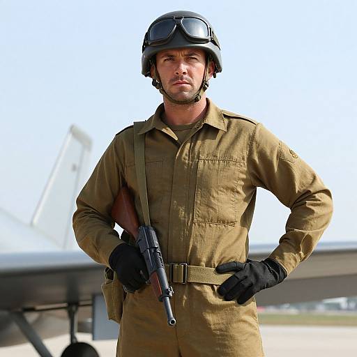 Photograph of a serious, bearded man in a tan military uniform, black helmet, gloves, and holding a gun, standing in front of an