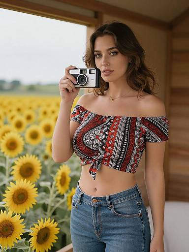 Photograph of a curly-haired woman with fair skin, wearing a colorful off-shoulder crop top and blue jeans, taking a selfie in front of