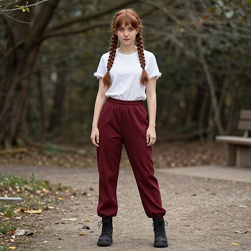 Photograph of a young girl with long red braids, wearing a white shirt, maroon pants, and black boots, standing on a leaf-st