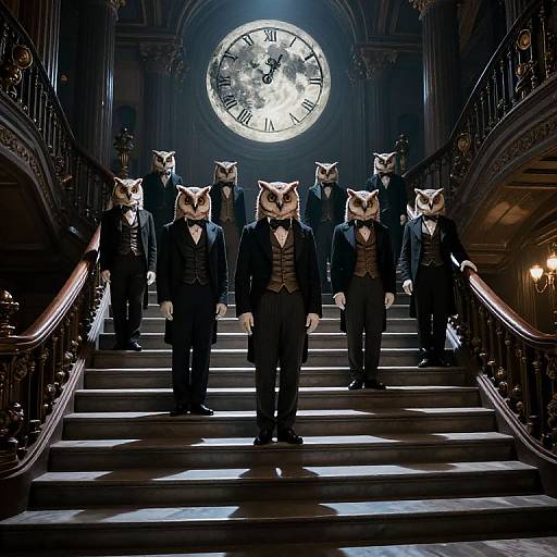 Photograph of seven anthropomorphic owls in black suits standing on dark, ornate stairs, illuminated by a large, glowing clock above.