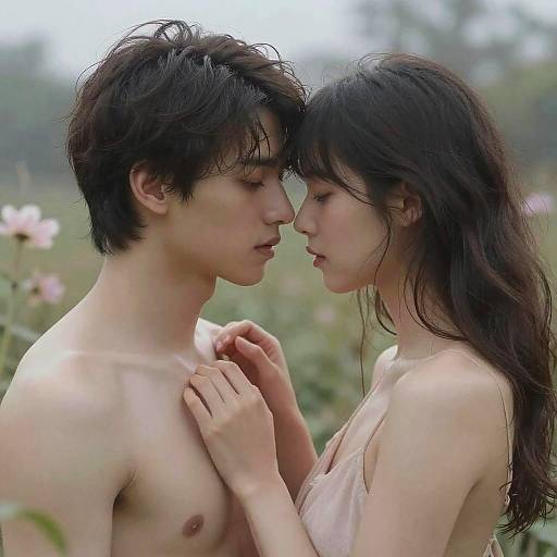 Photograph of a topless Asian couple with short black hair and long dark hair, gently touching, gazing into each other's eyes in a blurred