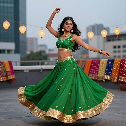 Photograph of a beautiful Indian woman with long black hair, wearing a green traditional lehenga with gold embroidery, dancing on a rooftop at dusk, surrounded