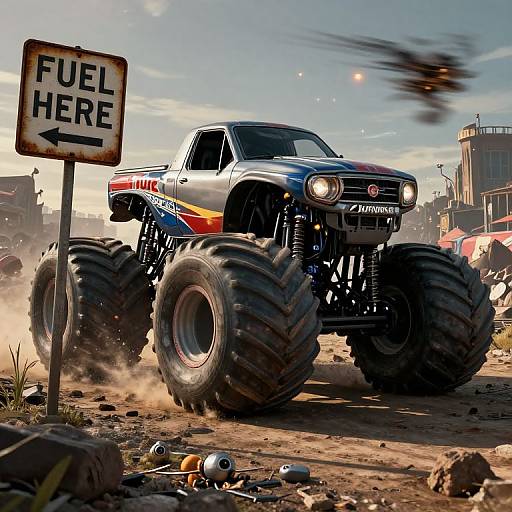Photorealistic digital artwork of a massive, modified, blue-and-red Dodge Ram monster truck roaring past a 