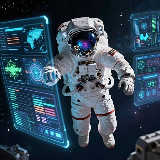 Astronaut Interacting with Holographic Dashboard in Space