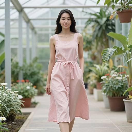 Photograph of an Asian woman with long black hair, wearing a pink sleeveless dress, walking through a bright, greenhouse-filled garden.