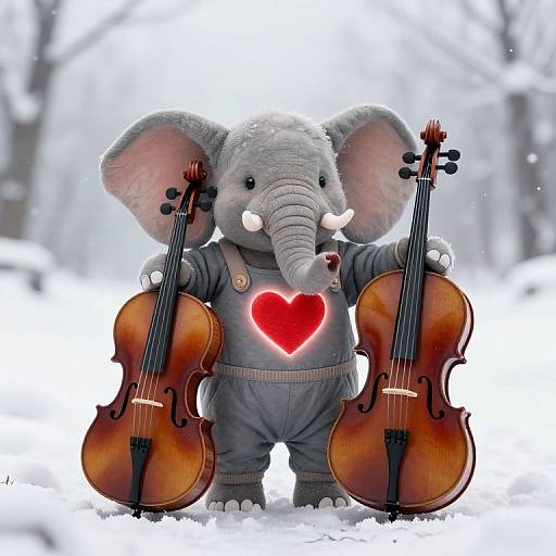 Playful Elephant with Cello in Snow