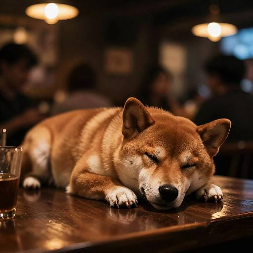 Photograph of a brown and white Akita dog sleeping with eyes closed on a dark wooden bar table, a glass of brown liquid beside it, warm