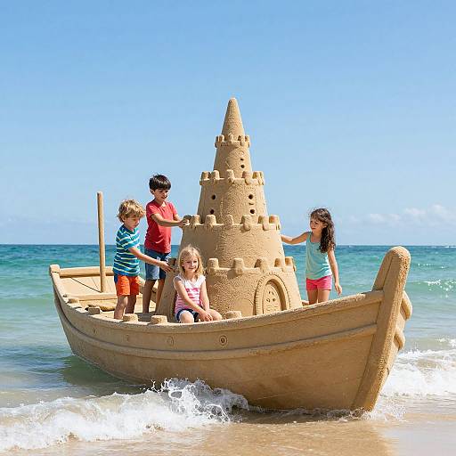Photograph of four children building a sandcastle on a small boat-shaped sand sculpture in the ocean under a clear blue sky.