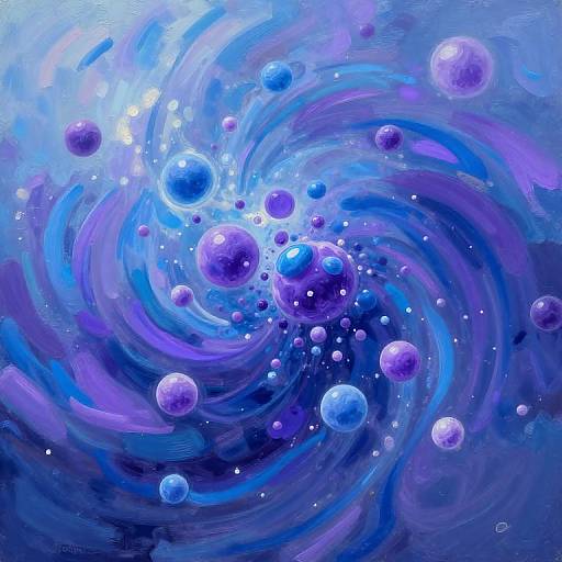 Digital art of swirling blue and purple hues with glowing, translucent bubbles, creating a dynamic, vortex-like effect.