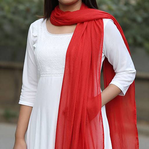 Photograph of a woman with long black hair wearing a white dress and a vibrant red scarf, standing outdoors with a blurred green and brown background.