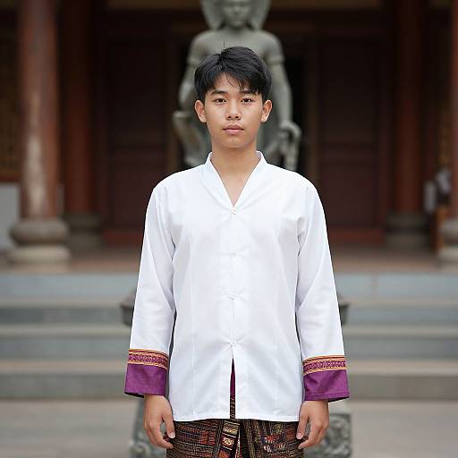 Young Asian boy with black hair, wearing white traditional Korean shirt with purple sleeves, standing in front of a statue. Photorealistic CGI image.