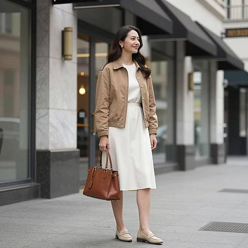 Smiling woman in light brown jacket on city sidewalk