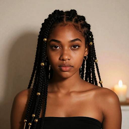 Portrait of Young Woman with Cornrow Braids and Gold Beads