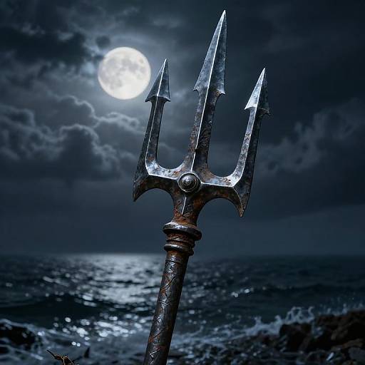 Photograph of a rusty, three-pronged trident against a dark, stormy sea under a full moon, with turbulent waves in the background