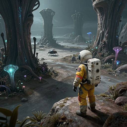 Digital art: Astronaut in yellow suit with white helmet and backpack stands on rocky terrain, gazing at glowing alien forest with bioluminescent plants