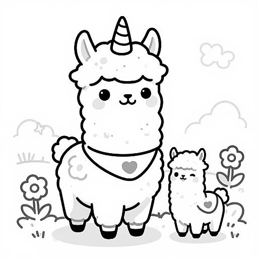 Cute black-and-white digital drawing of a horned, fluffy llama with a smaller llama and flowers in the background.
