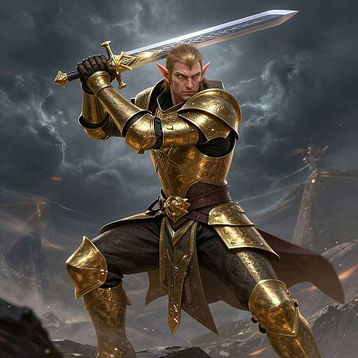 Digital art of a fierce elven warrior in golden armor, wielding a glowing sword, poised for battle against a stormy, ruined backdrop.