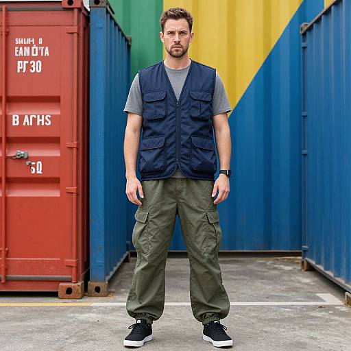 Photograph of a bearded man with short brown hair, wearing a navy vest, gray T-shirt, olive cargo pants, and black sneakers, standing