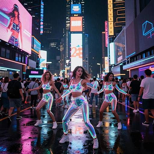 Photograph of four dancing women in neon glowing crop tops and leggings on a neon-lit, rain-soaked city street at night.