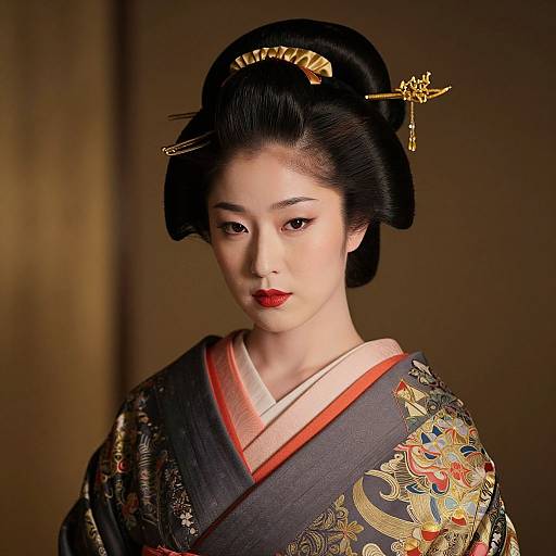 Photograph of an East Asian woman in traditional Japanese kimono with intricate floral patterns, red lipstick, black hair in an elaborate updo, and orn