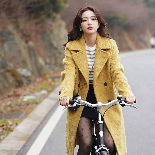 Photograph of a young woman with long brown hair, wearing a yellow wool coat, black and white striped shirt, black skirt, and patterned t