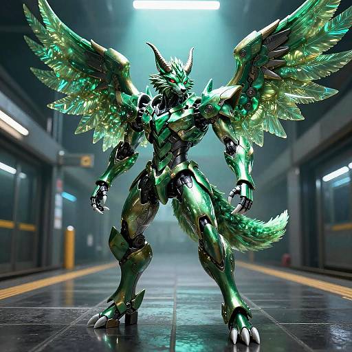Emerald Mech Wolf on Neon Platform