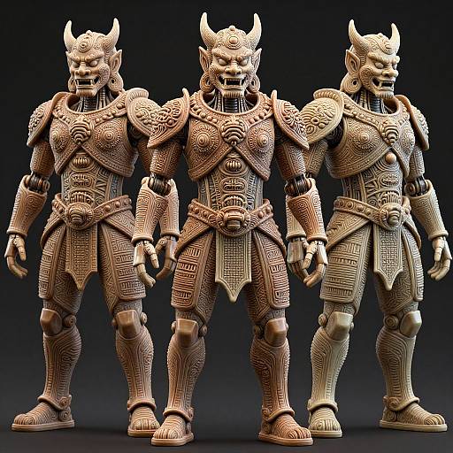 CGI image of three tall, muscular, horned humanoid warriors in detailed, patterned bronze armor, standing side by side against a dark gradient background