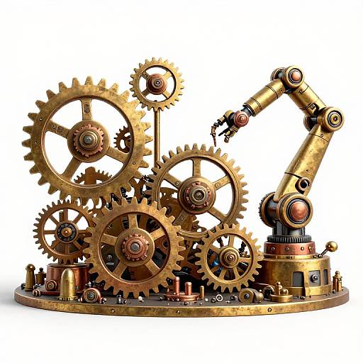 Photograph of intricate, steampunk-style brass gears and mechanisms with interconnected cogs, a curved arm, and small bolts on a circular base.