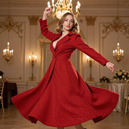 Photograph of a confident, curvy woman with fair skin and shoulder-length brown hair, wearing a sparkling red, wrap-style dress, twirling in