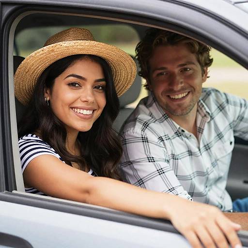 Photograph of a smiling woman with dark hair and tan skin in a straw hat, and a beaming man with light brown hair, wearing a pl